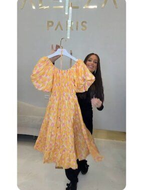 Aleeza Paris Sunlit Apricot Floral Puff-Sleeve Maxi Dress